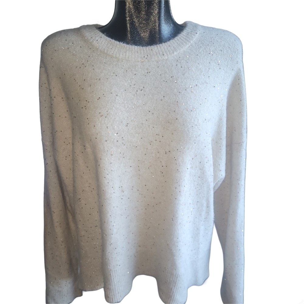 Reitmans Cream and Gold Sequin Detailed Crew Neck Relaxed Fit Sweater Size L